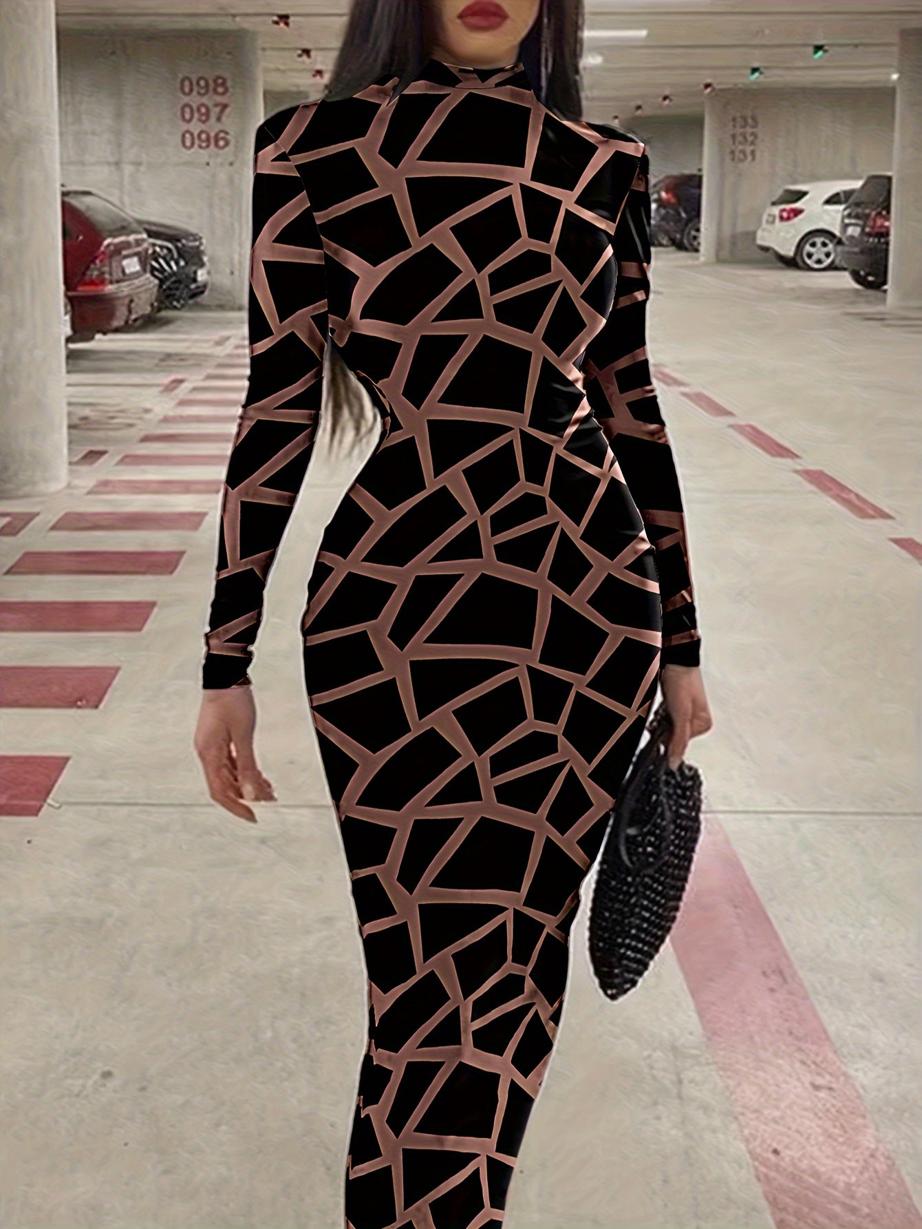 Women's Polyester And Elastane Jersey Dress - High Neckline, Sensual Print, Machine Washable - Spring/Autumn Fashion - For Women - Perfect for Casual & Party Occasions - Ideal Gift for Her